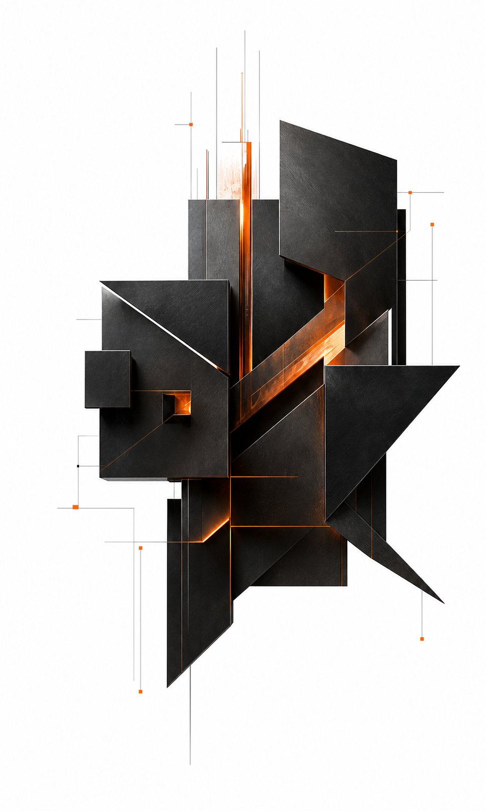 Assemblage architectural de plaques de métal noir traversées par un trait orange