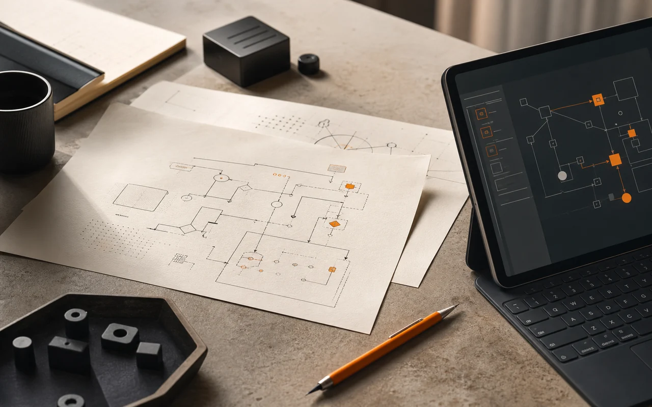Schémas de systèmes numériques et interface de workflow sur une table de travail